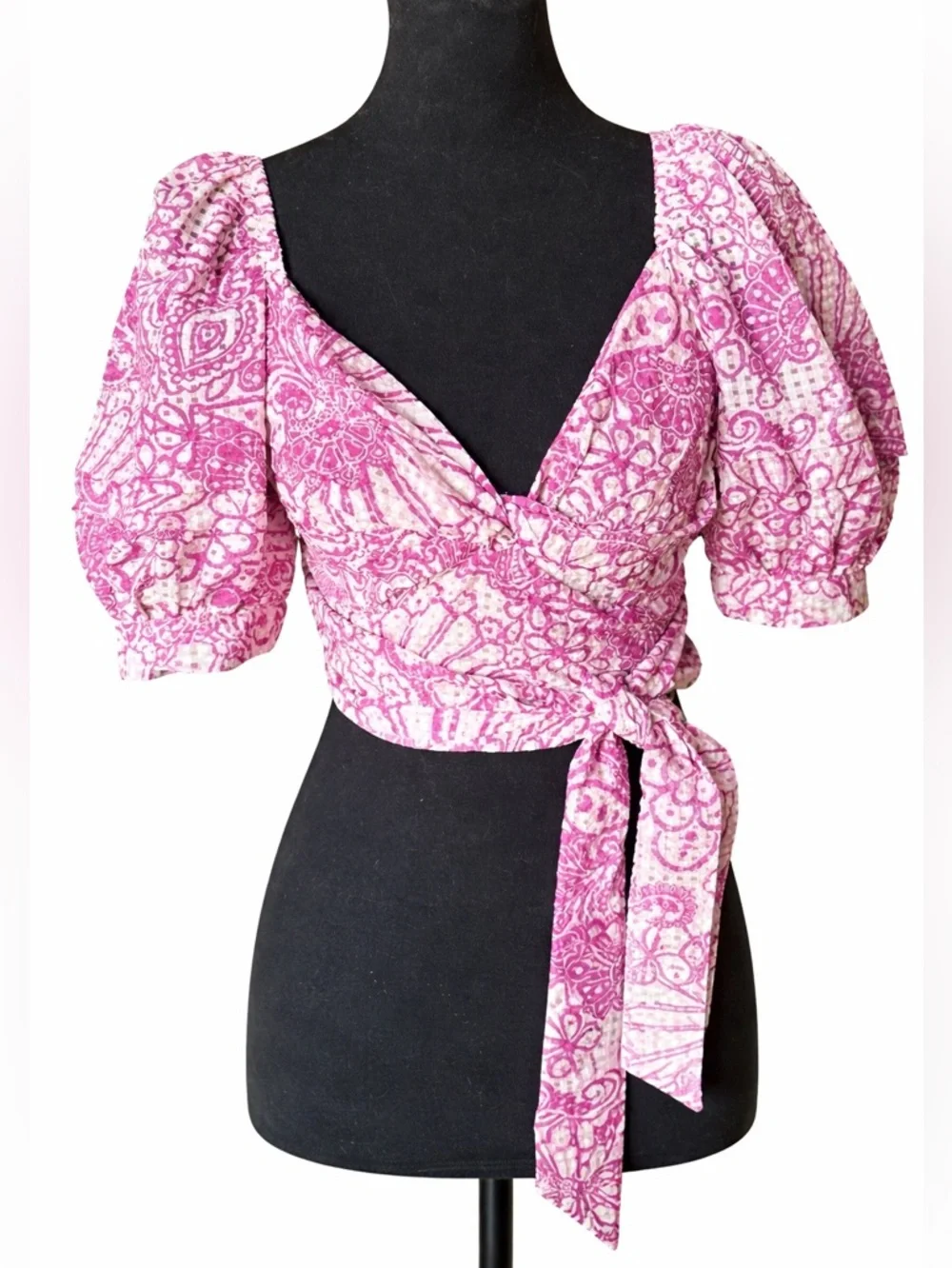Maeve Anthropologie Pink Floral Tie Back Crop Top Puff Sleeve Small NWT